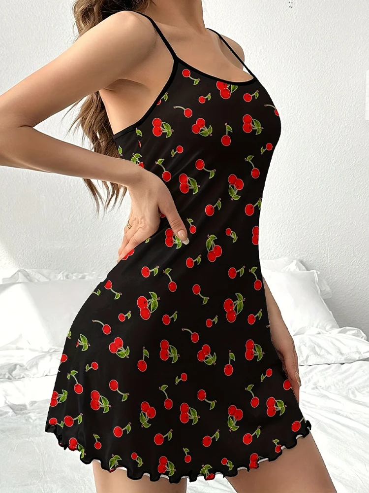 Summer Women Satin Sleepdress Cute Teddy Bear Butterfly Heart Floral Pinting Sleepwear Ladies Sexy Sling Ruffled Hem Loungewear image 2