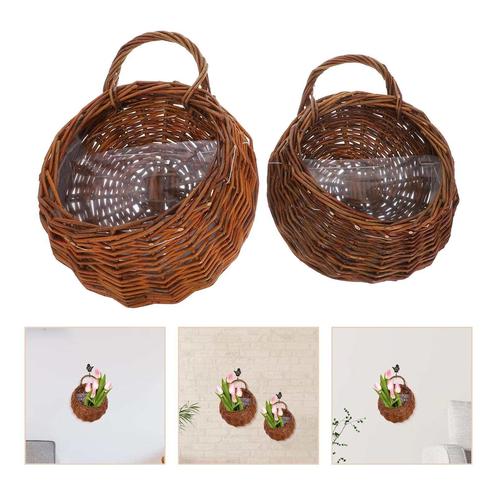 

2Pcs Wall Hanging Flower Pot Rattan Basket Multi-Function Storage Decorative Planter for Room Office 31x27x12cm 25x20x8.5cm