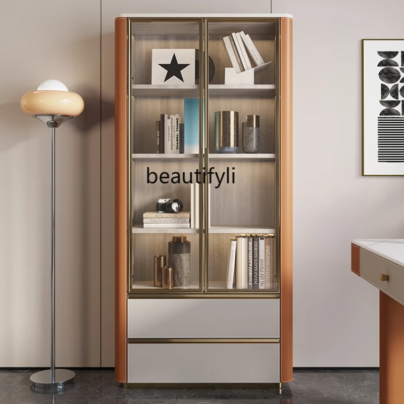 

Glass Door Storage Cabinet Light Luxury Saddle Leather Bookcase Living Room Display Cabinet Model Showcase Storage Cabinet