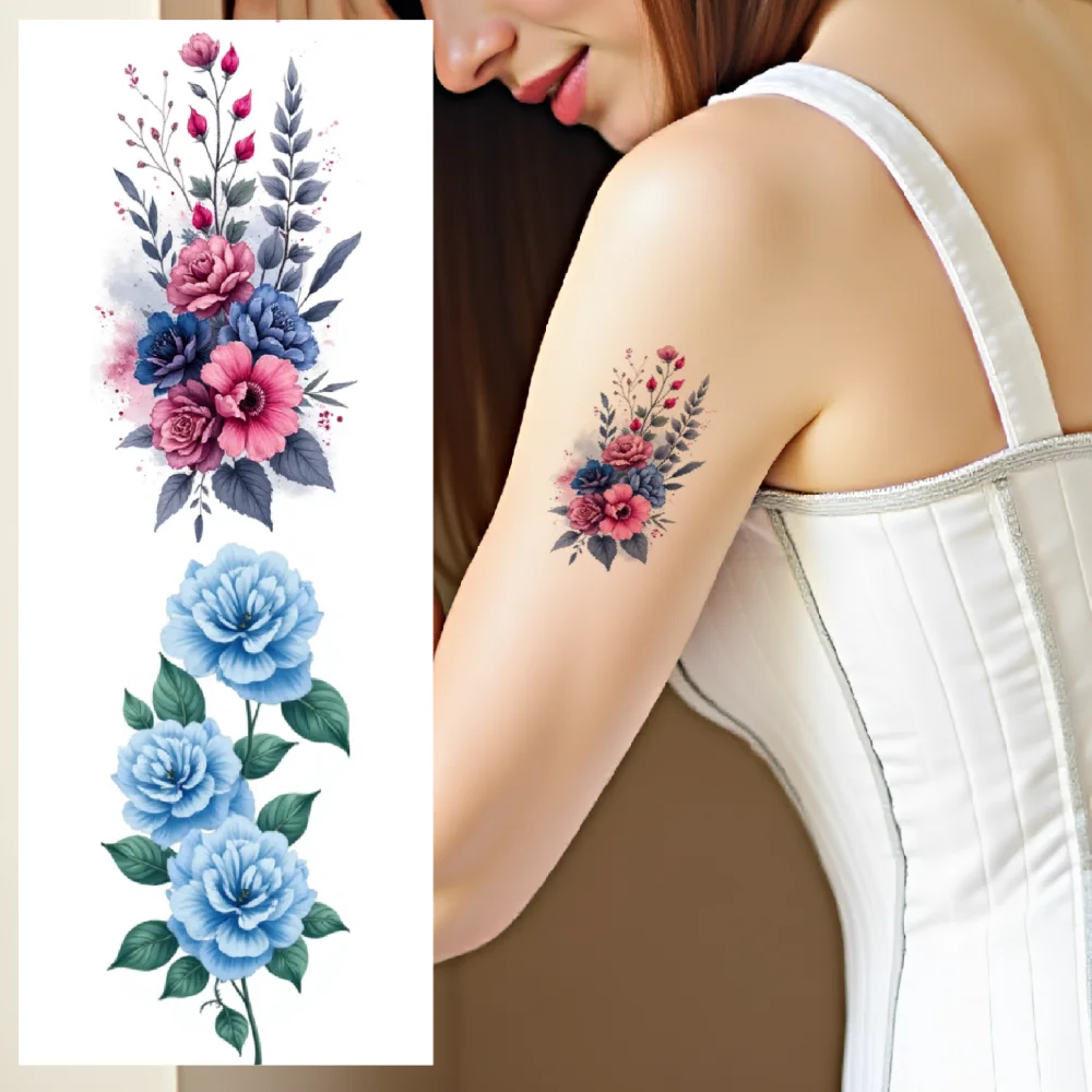 

9pcs Temporary Tattoo Waterproof Long-lasting Body Stickers Birdcage With Flowers Colorful Floral Arrangement Purple Flowers For