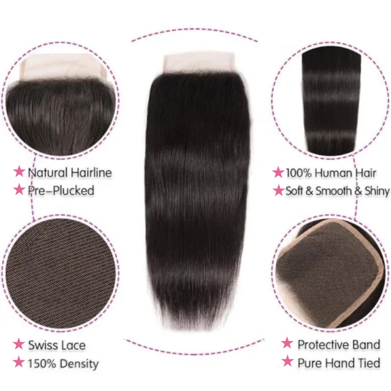 Mèches Brésiliennes Naturelles Lisses avec Closure pour Femme, Extensions de Cheveux Humains, 4x4