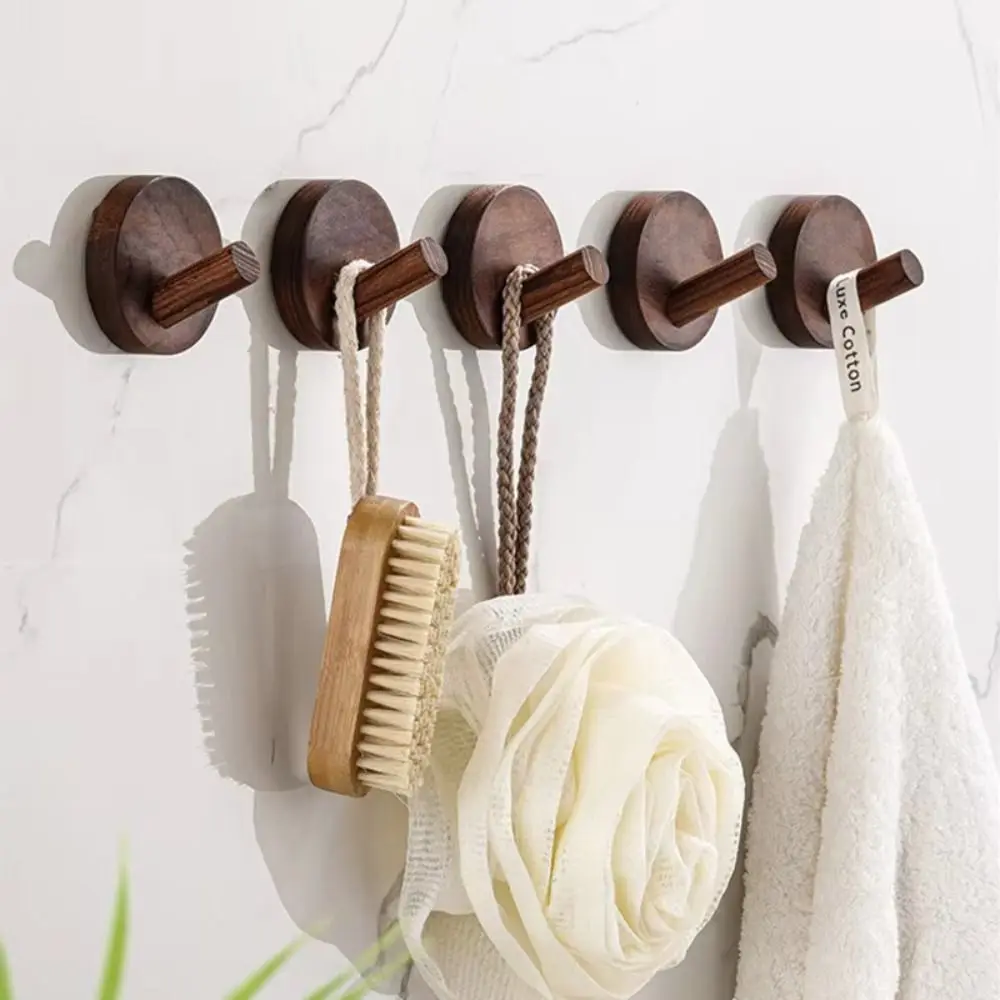 

4pcs Key Hanger Beech Walnut Wood Wood Hook Punch Free Simple Design Wall Hook Wood Handle Solid Wood Towel Hook Clothes Storage