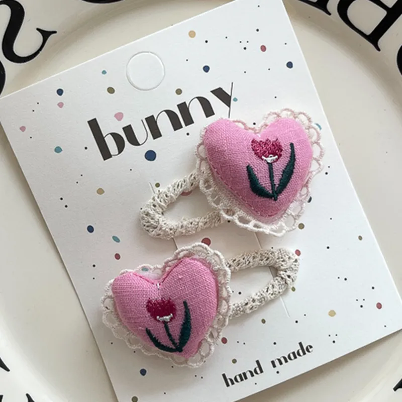 Children Hair Accessories Heart Lace Hairpins for Girls Daily Use 2025 Trendy Non Slip Side Clips Cute Gift 2pcs Pack