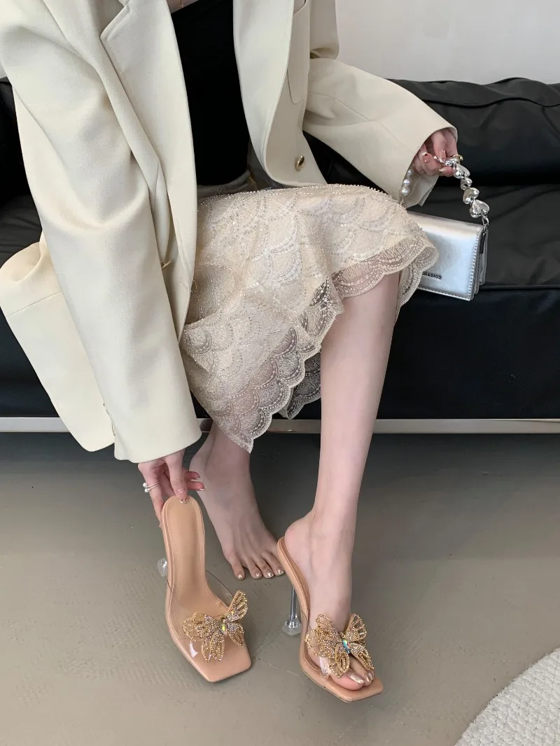

Summer New10.5cm High Heels Women's Water Diamond Butterfly Square Head Crystal Slippers Large Size Slippers Women Shoes