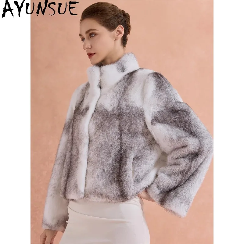 AYUNSUE 여성용 전체 밍크 퍼 코트 럭셔리 퍼 재킷 스탠드 칼라 퍼 코트 여성 의류 겨울 신상 아우터웨어
