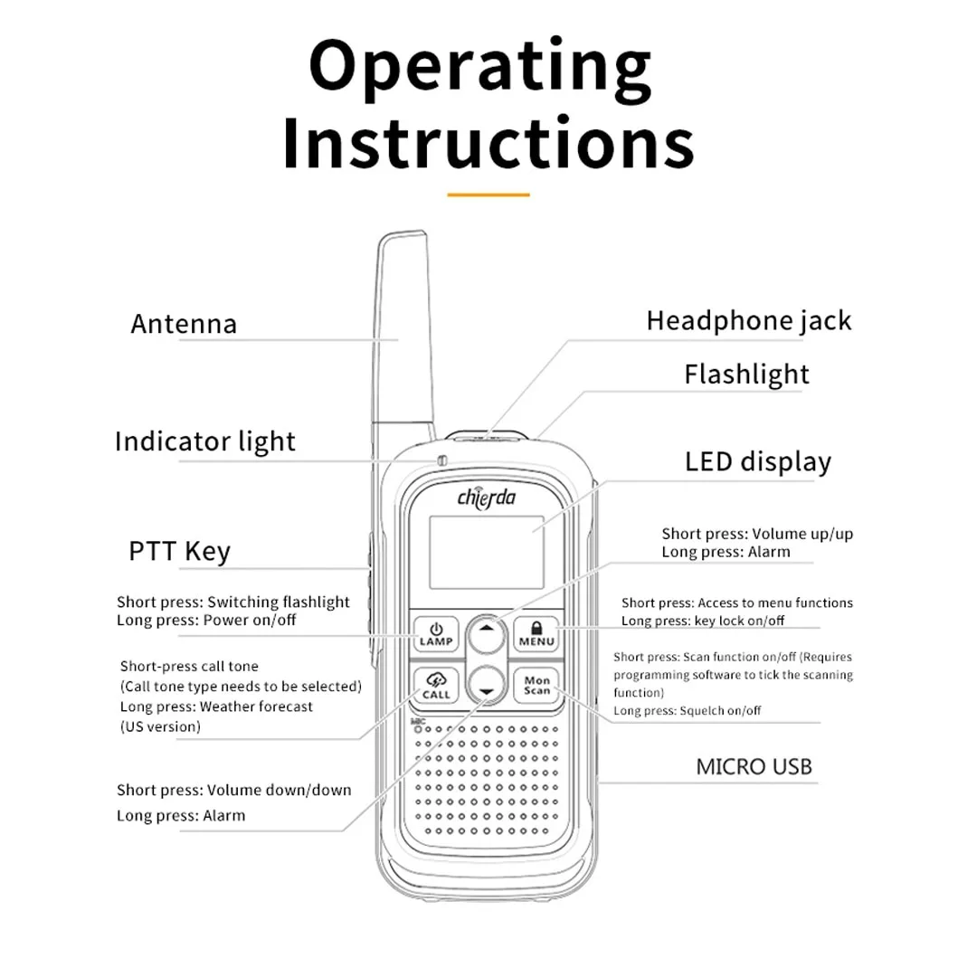 Chierda JV01 Walkie Talkie Type C PMR 446 Radio Walkie-Talkies Campingr 2 Pcs Two-way Radio Portable Radio Sports Outdoor Travel