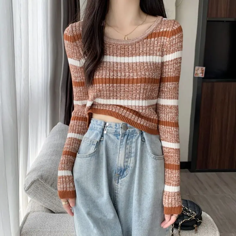 Autumn Women Korean Fashion Striped Sweet Chic Basic Knitted Sweater Y2K Female Casual O Neck Long Sleeve Slim Fit Pullover Tops