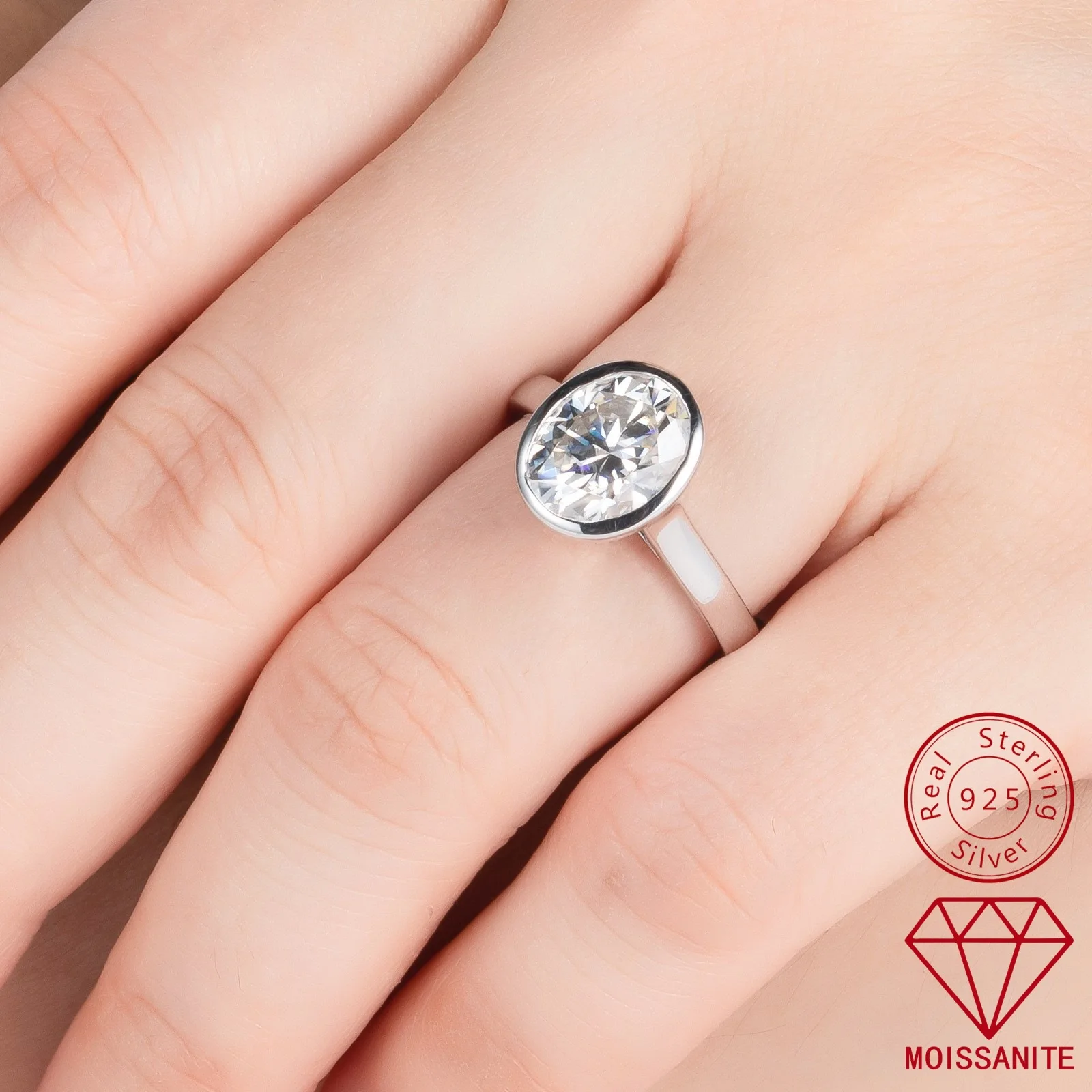 Carnica 8*10mm 3CT Oval Stone Real Moissanite Ring for Women 100% S925 Sterling Silver Sparkling Wedding Band GRA D Color Gift