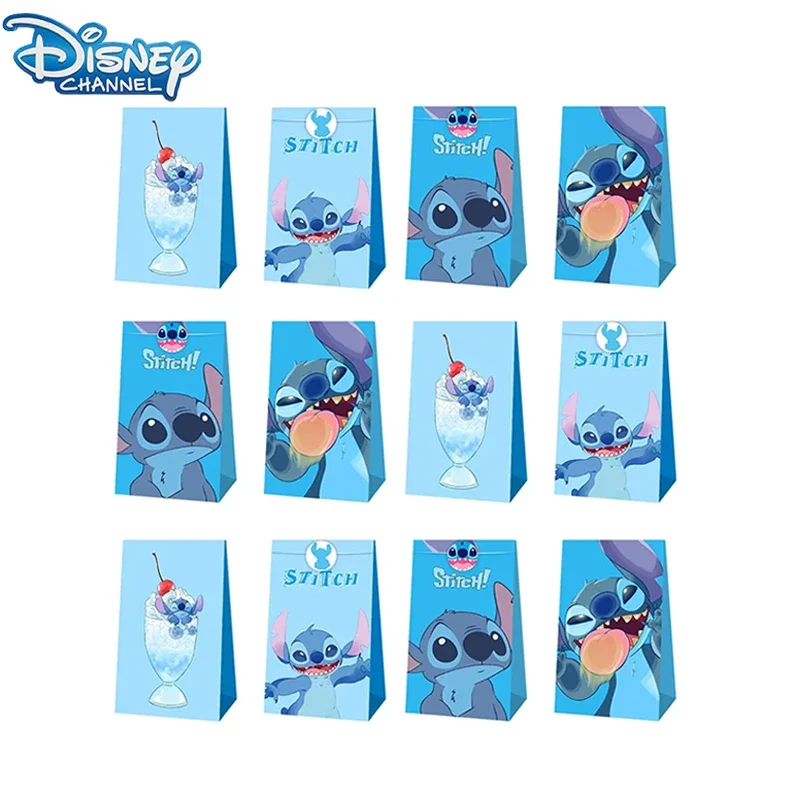 Disney Stitch 12pcs Set Candy Gift Bag Free Sealing Sticker Baking Bag Green Bag Paper Party Gifts Christmas