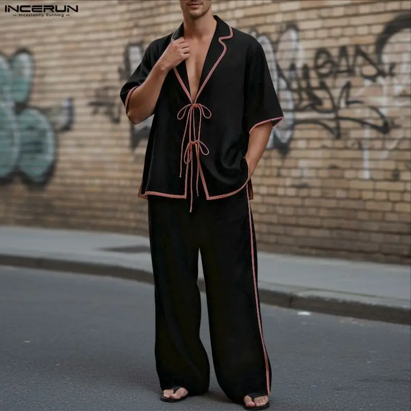

Мужские комплекты INCERUN: рубашка с коротким рукавом и штаны в стиле пэчворк с цветными блоками и шнуровкой, комплект из двух предметов, уличная одежда, свободный крой, модные мужские костюмы