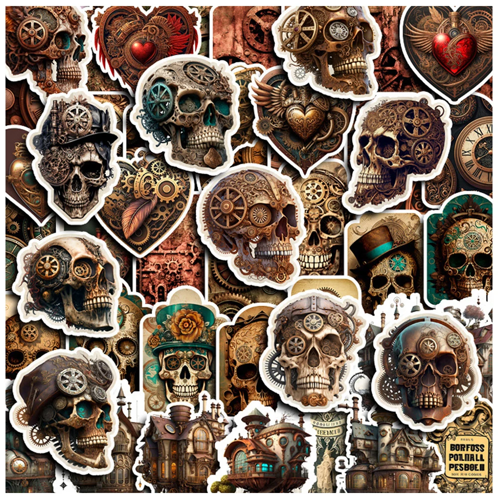 10/30/50PCS Retro Steampunk Mechanical Gear Skull Stickers Cool Graffiti Phone Laptop Skateboard Waterproof Vintage Sticker Pack