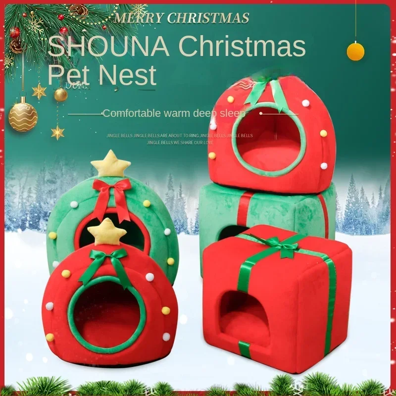 New Christmas cat nest kennel autumn and winter warm pet litter gift box cat house pet supplies teddy pet dog bed