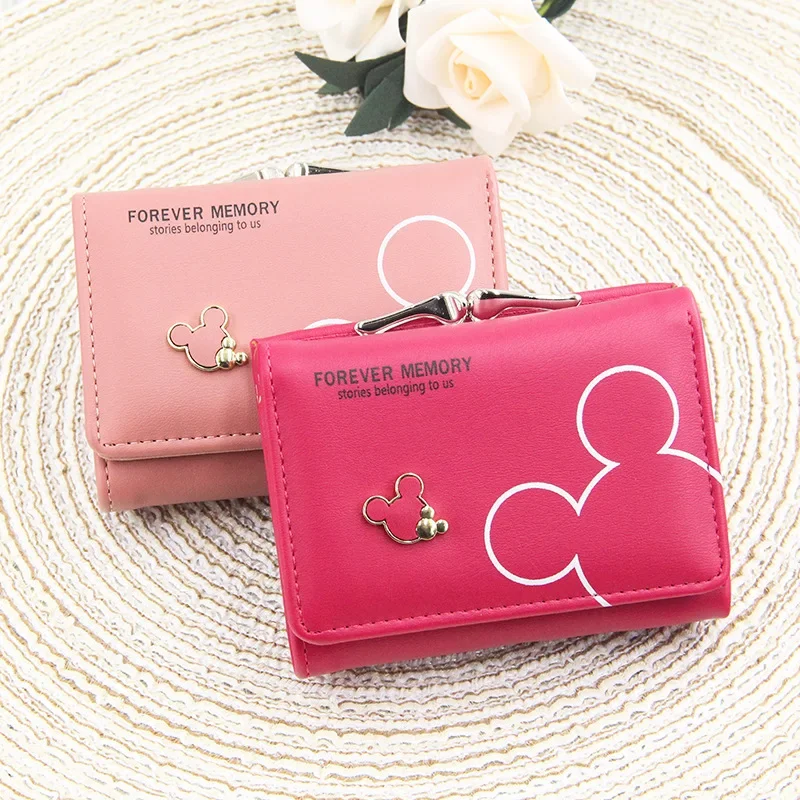 Disney PU Leather Wallet for Women New Mickey Mouse Coin Purse Cartoon Pattern  Fold Wallet Girls Mini Clutch Bag