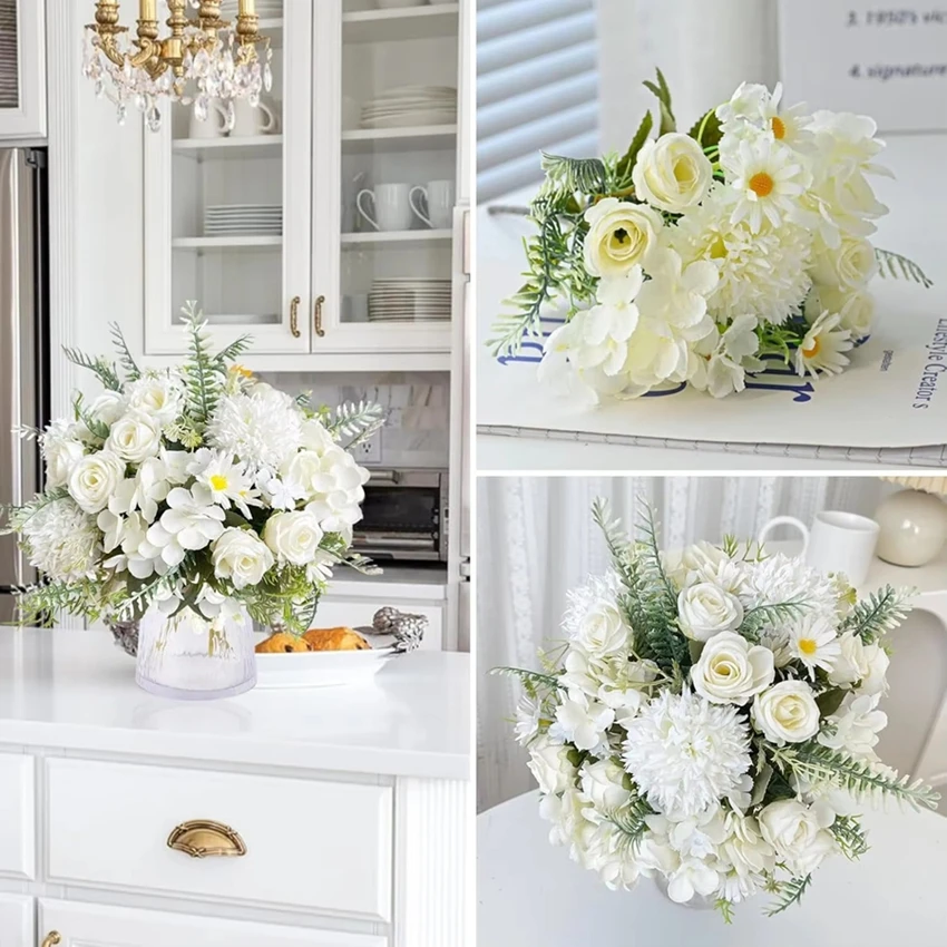 

1PC Artificial Flowers Wedding Home Bedroom Table Decor Bridal Bouquet Garden Fake Silk Roses Hydrangeas Vase for Board Outdoors