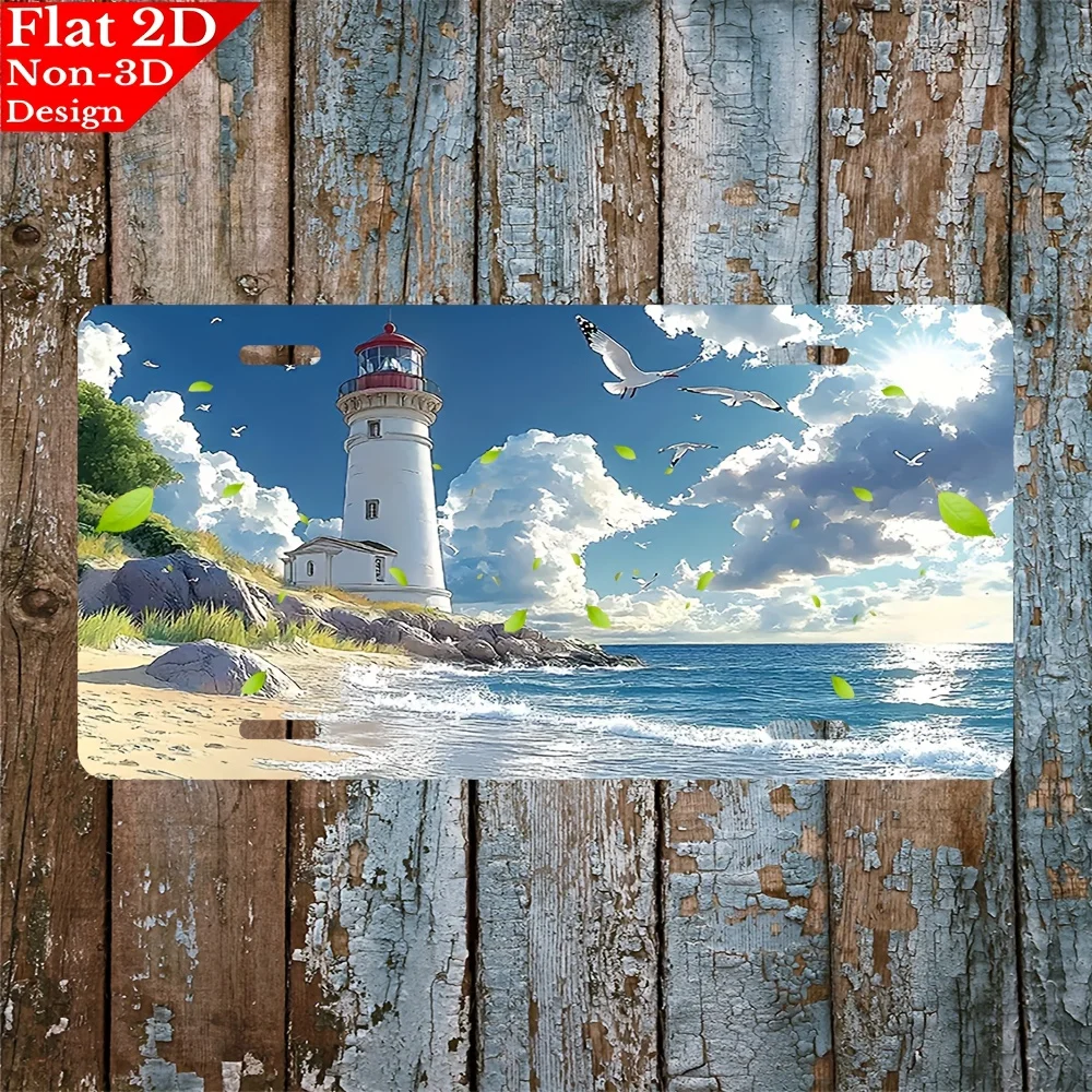 2D flat, 1pc Sunny coastal lighthouse landscape Aluminum License Plate, 6x12in Scratch-resistant UV Printing, Decorative Car Fro