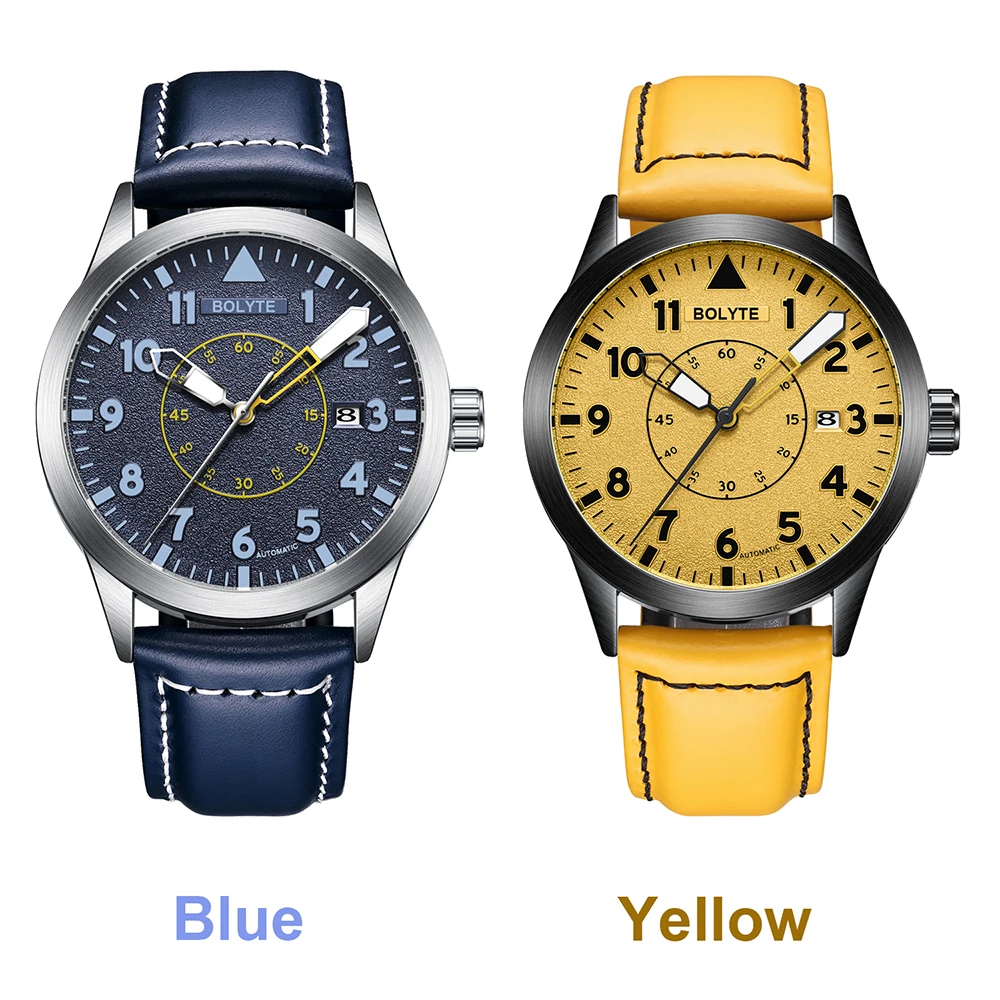 BOLYTE New Fashion Yellow Dial Black Case Date Display Leather Strap Men\'s Mechanical Watch Business Male Automatic Wristwatches