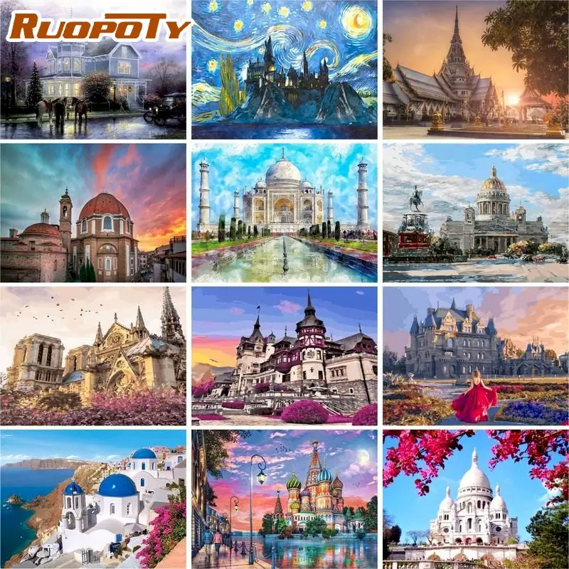 

RUOPOTY 60x75cm Painting By Numbers Castle Landscape Handmade Canvas painting Scenery DIY Coloring By Numbers Artwork Home Decor