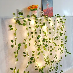 Green Leaf Ivy Vine com luzes LED String, Guirlanda para casa, Decoração do quarto, Wedding Glowing, Planta artificial, 2m