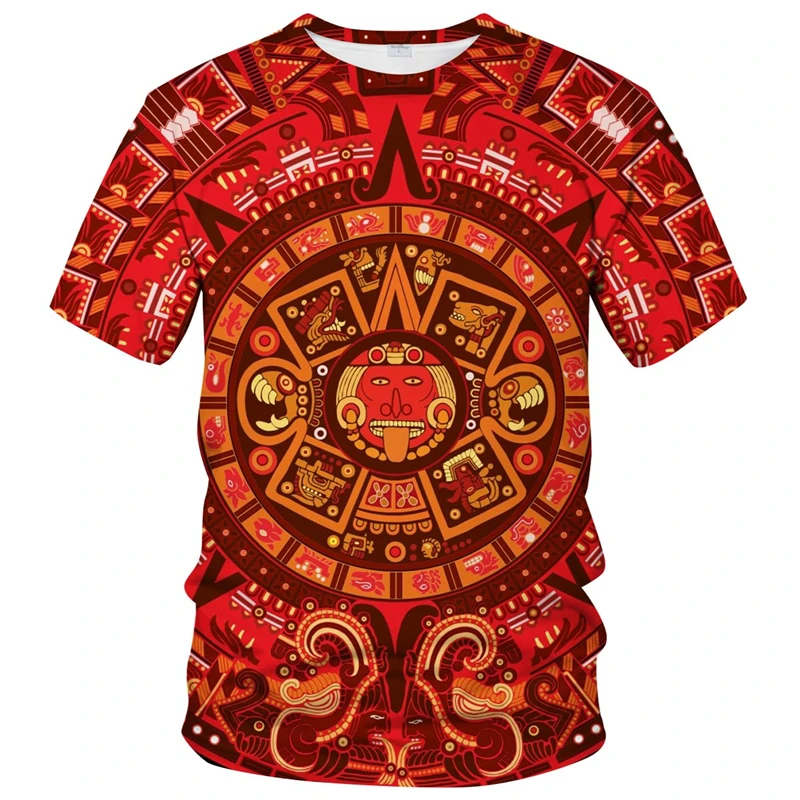 Retro Mexico Aztec Totem T-Shirt For Men Summer 3d Print Short Sleeve Tees Tops Mayan Culture Theme T Shirts Male Clothes