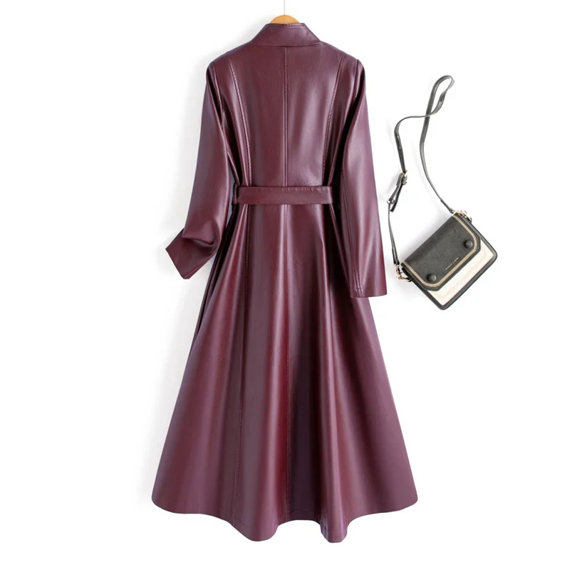 Cappotto in pelle da donna nuovo primavera autunno elegante moda colletto alla coreana manica lunga trench lungo cappotto casual in pelle crosta