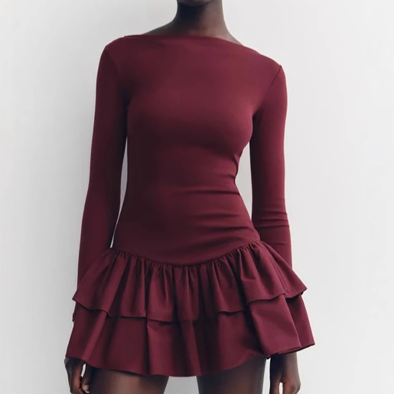 Women Fashion Solid Tierred Ruffle A-Line Dress Spring Elegant O Neck Slim Fit Mini Dress Autumn Long Sleeve Simple Boho Dresses