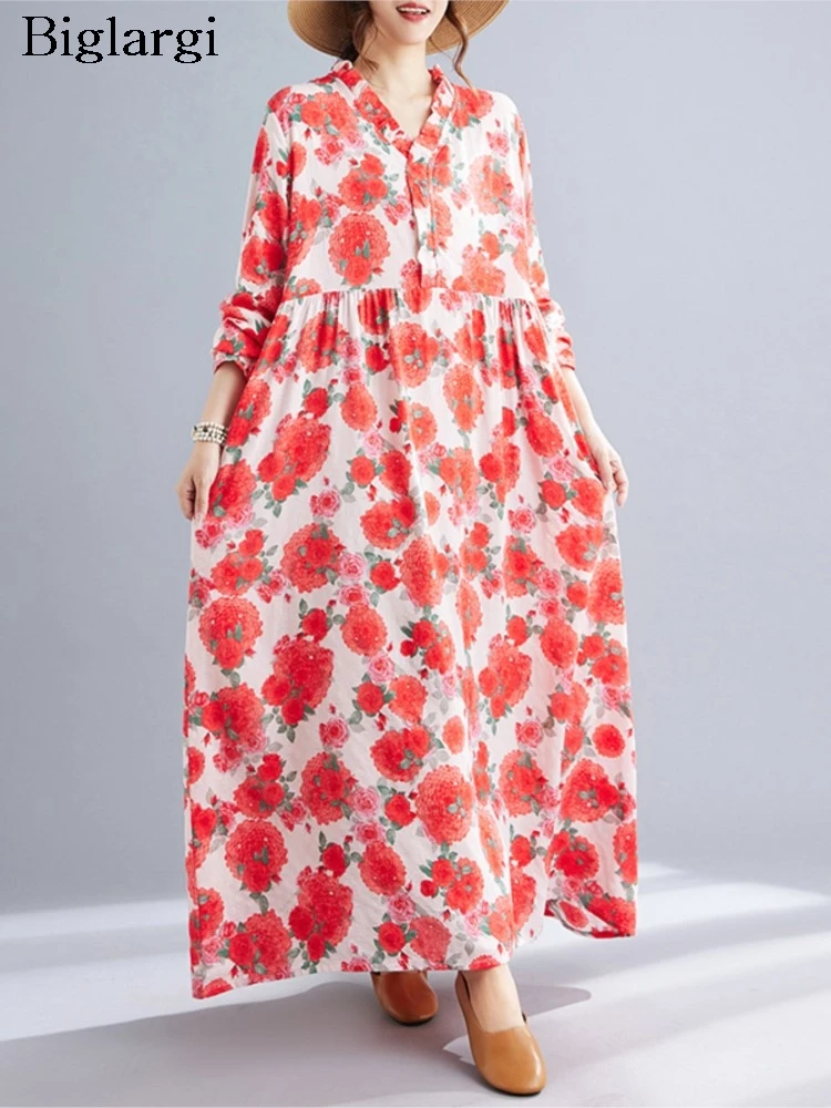 เดรสผ้าฝ้ายสไตล์โบฮีเมียนทรงหลวม แขนยาว ลายดอกไม้ สำหรับผู้หญิง