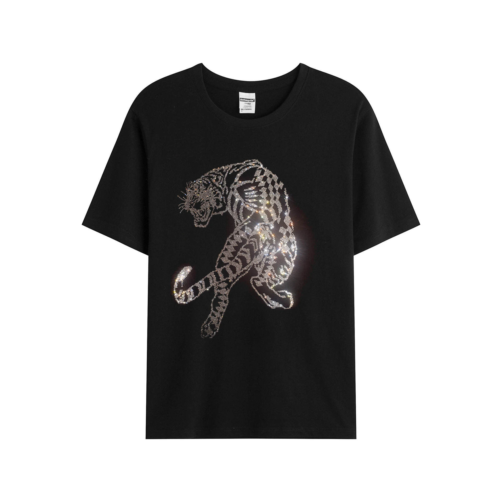 Hot stamping diamond rhinestone men's short-sleeved T-shirt new fashionable white tiger round collar cotton boy T-shirt