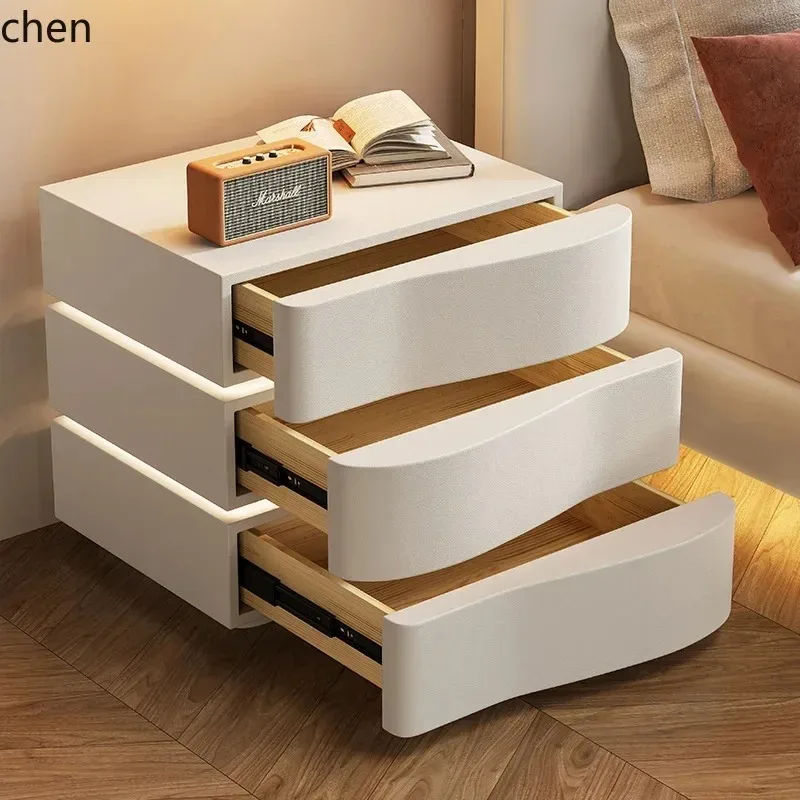B6 Cream Style Bedside Table Modern Minimalist Solid Wood Floor-standing Bedside Cabinet