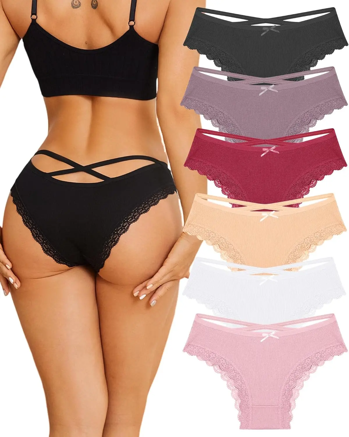 

Women Cotton Underwear Sexy Criss Lace Trim Low Rise Cheeky Bikini Panties 6 Pack