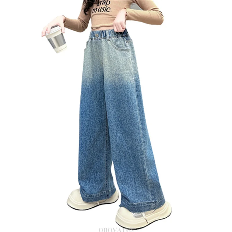 

Children Retro Blue Leopard Jeans For Girls High Waist Wide Leg Gradient Denim Pants Teenage Kids Fashion Baggy Jeans Trousers