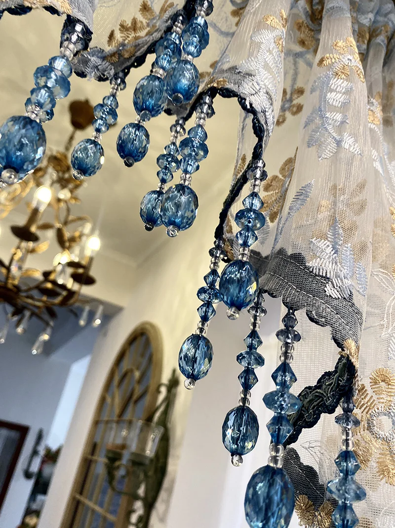 Villa Soft Decoration Romantic Curtains for Living Room Color Blue Crystal Embroidered Lace Door  Arched Door Curtain