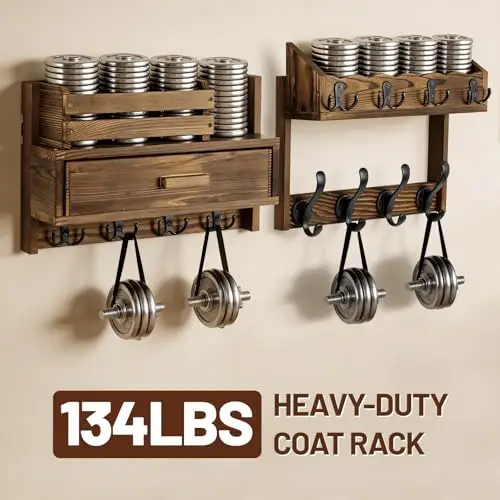 

29-Inch Rustic Wood Wall Organizer With Shelf, Drawer, 12 Strong Hooks For Coats, Keys, And Mail In Entryway Or Hall