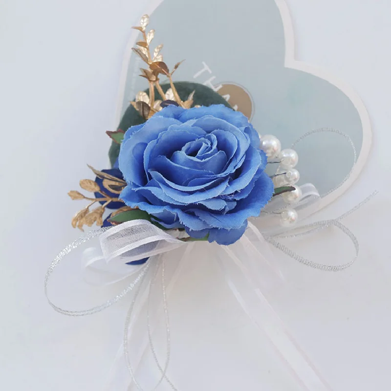 Boutonniere y Corsag de muñeca de estilo occidental, pulsera de busto de fiesta de banquete de invitados, suministros de boda de flores, azul, 198