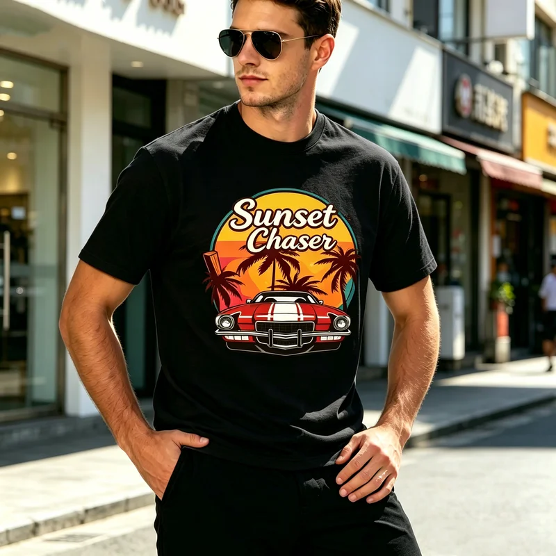 Retro Sunset Chaser Graphic Tee for Men Vintage Classic Car Print T-Shirt Casual Cotton Crewneck Short Sleeve Top Streetwear