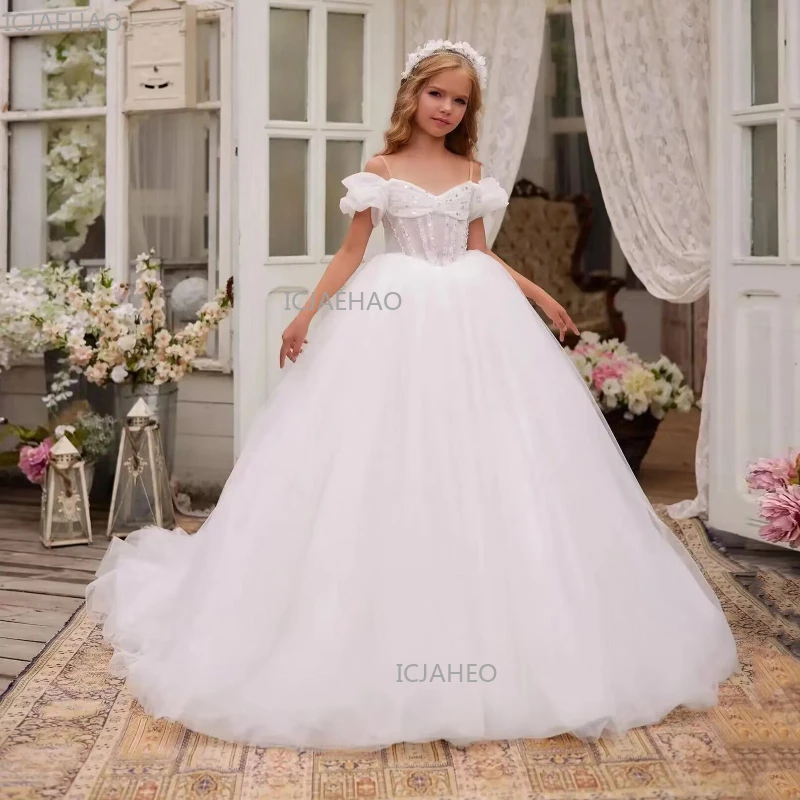 2026 Girls Flower Girl Wedding Dress Floor Length Birthday Performance Long Gown Formal Party Celebration Gown Eid Kids Clothing