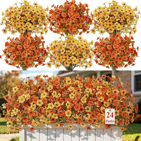 24 Bundles Outdoor Artificial Fall Flowers UV Resistant Faux Mums for Planters Yard Patio Porch Thanksgiving Autumn Decoration