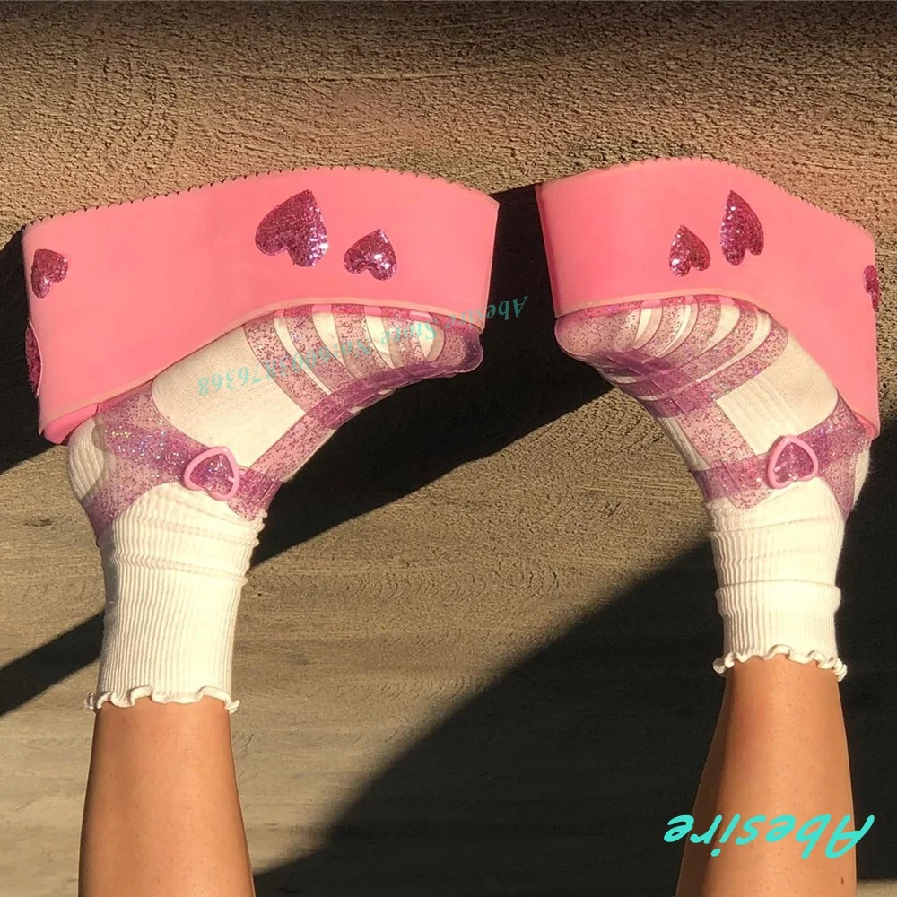 Y2K Lolita Sweet Party Shoespink Glitter Heart Pvc Strap Platform Sandals Wedge Open-Toe Ankle Buckle T-Strap Women's Sandals