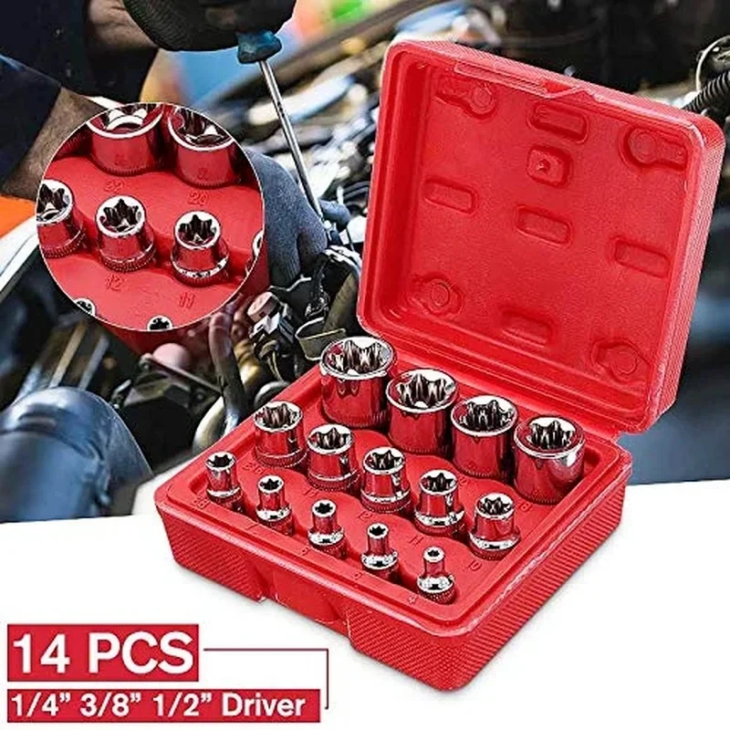TINSOL 14 PCS Female Torx Bit Star-Shaped Socket Set, 1/4 3/8 1/2 Inch Drive E4-E24 4MM-24MM, CR-V Heavy Duty Car Repair Tool