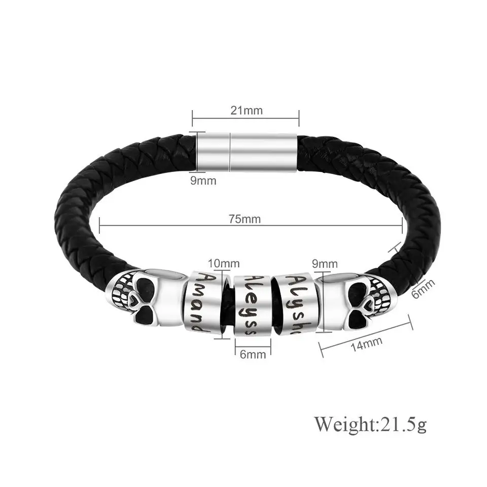 

Personalized Stainless Steel Braided Rope Charm Bracelets Custom Men Leather Bracelets with Names Beads Gift for Boyfriend