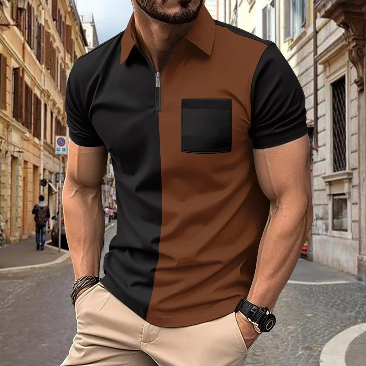 Summer 2024 new patchwork reversible top Comfortable zip-up short-sleeved polo with pockets