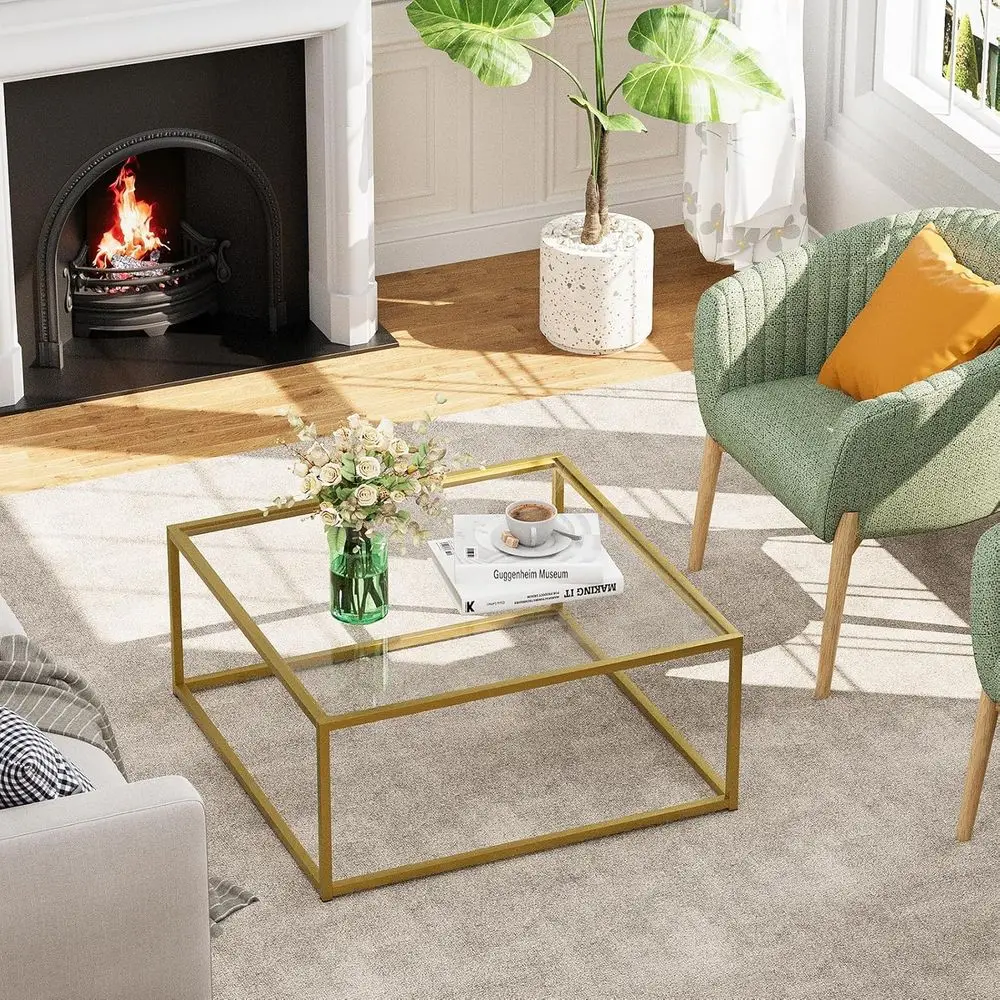 Compact Modern Gold & Clear Glass Coffee Table for Small Living Rooms, Easy Assembly, 26 Square