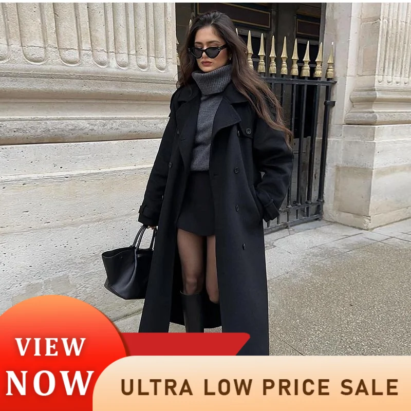 Black Elegant Double Breasted Loose Woolen Coat 2024 Women Chic Oversized Long Sleeve Overcoat Fall Winter New Ladies Outerwear