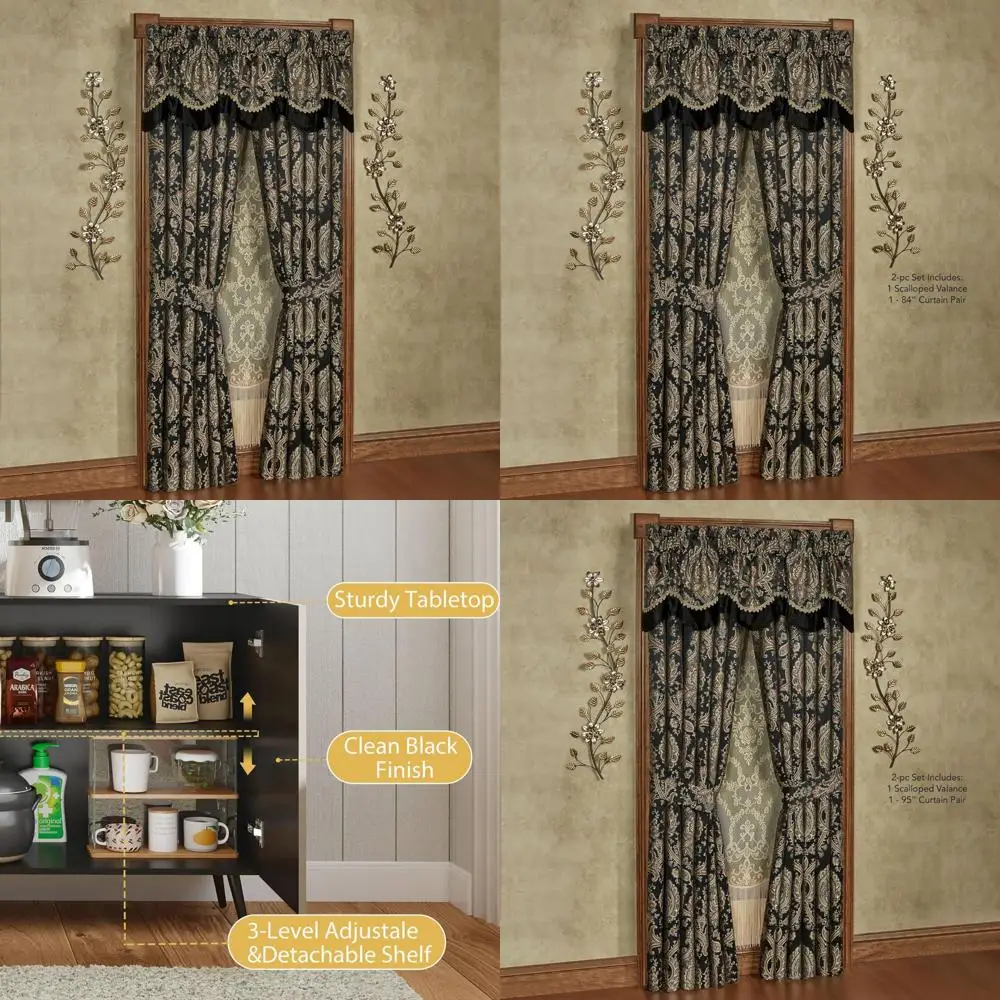 معالجات النوافذ المنسوجة الأنيقة المزخرفة: الفاخرة التقليدية مع ميداليات الأزهار المحايدة والأسود والمعدنية