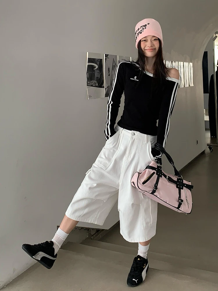 ReddaChic Women Denim White Jeans Jorts Cargo Pockets Cleanfit Adjustable Low Rise Wide Bermuda Pants Boyfriend Vintage Clothes