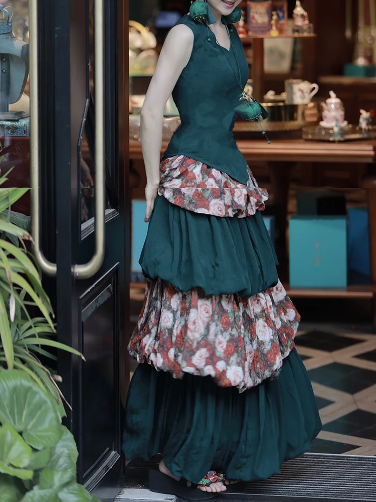 TIYIHAILEY-تنورة نسائية طويلة ماكسي كعكة مرونة الخصر الزهور الخضراء المرقعة طبقات الصيف الربيع 2025 موضة جديدة
