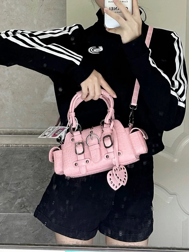 JIAERDI Vintage Pink Messenger Bag Women Y2k Grunge Rivet Handle Crocodile Luxury Designer Bag Female Fairycore Aesthetic Bag