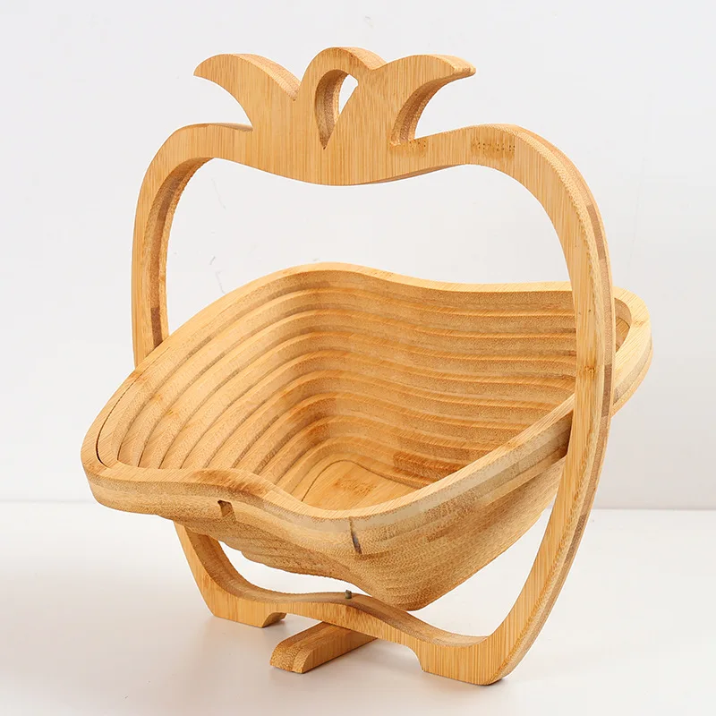 Foldable Apple Shaped Basket, Folding Fruit Bowl Holder Basket and Cutting Board Bamboo Wood Fruit Bowl