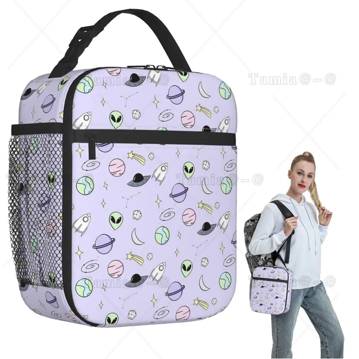Green Alien Spaceship Pattern Insulated Lunch Bag for Women Children Leakproof Food Boxes Thermal Lunch Box Tote