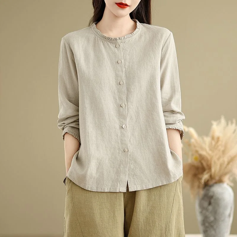 

Retro Cotton Linen Women's Spring and Autumn New Loose Base Slim Casual Long-sleeved Shirt
