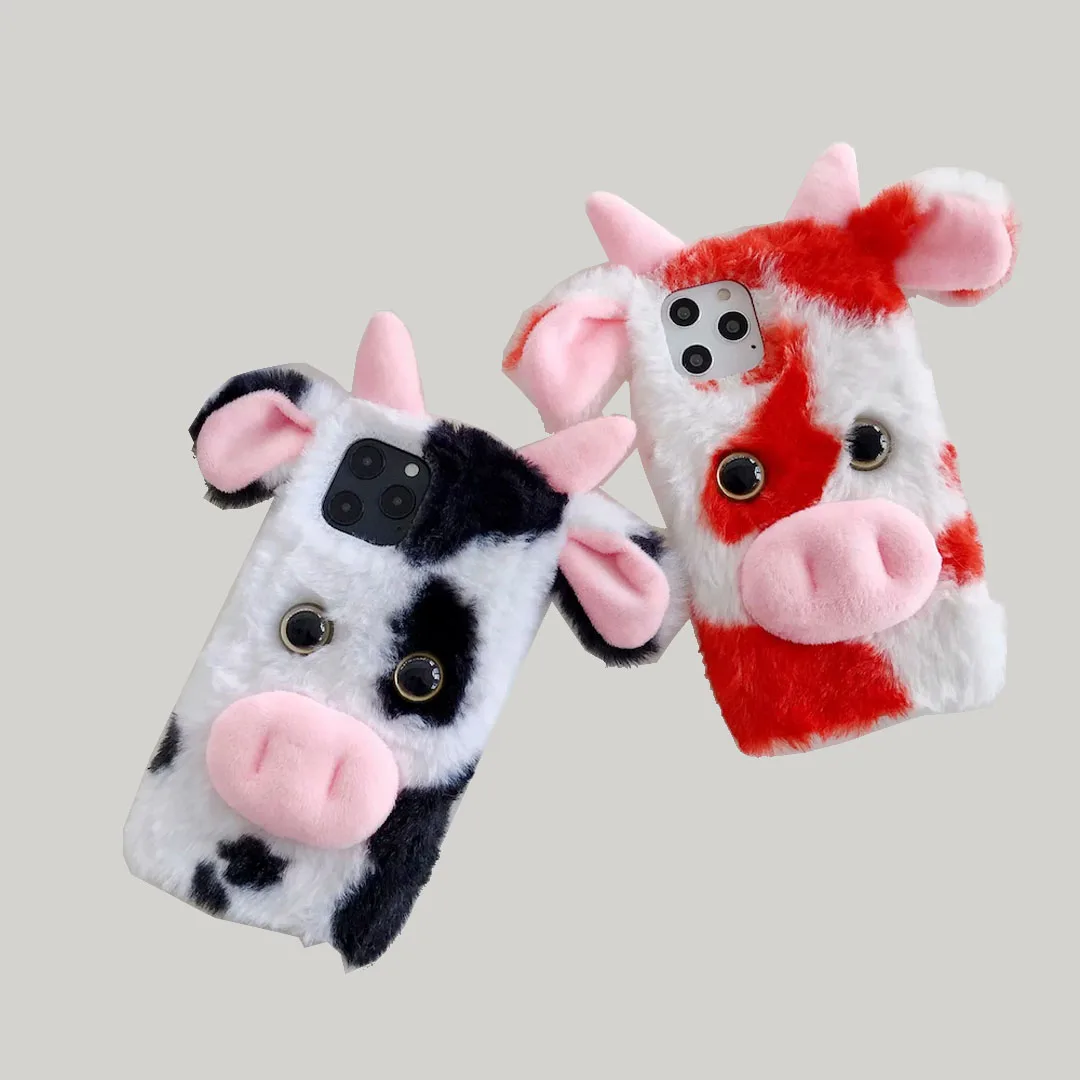 3D Cartoon Cute Cow Furry Phone Case Cover For Iphone 16 12 13 14 15 Pro Max Samsung Galaxy S22 S23 FE S24 Plus Note 20 Ultra